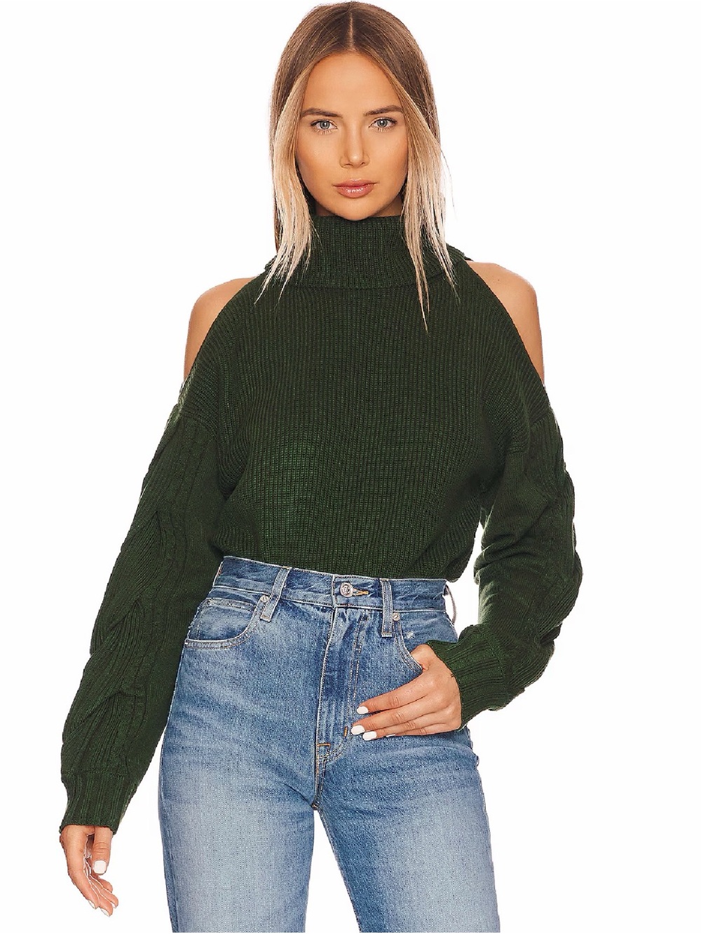 ASTR the Label Ariella Cable Knit Turtleneck Sweater in Green, Size S